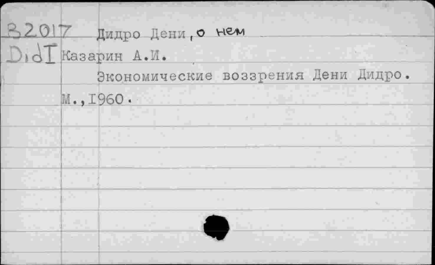 ﻿■В> .2,01---Ди др о д о н.:, о
> оТ Казарин А. И.
Экономические воззрения Дени Дидро.
М. ,1960 •